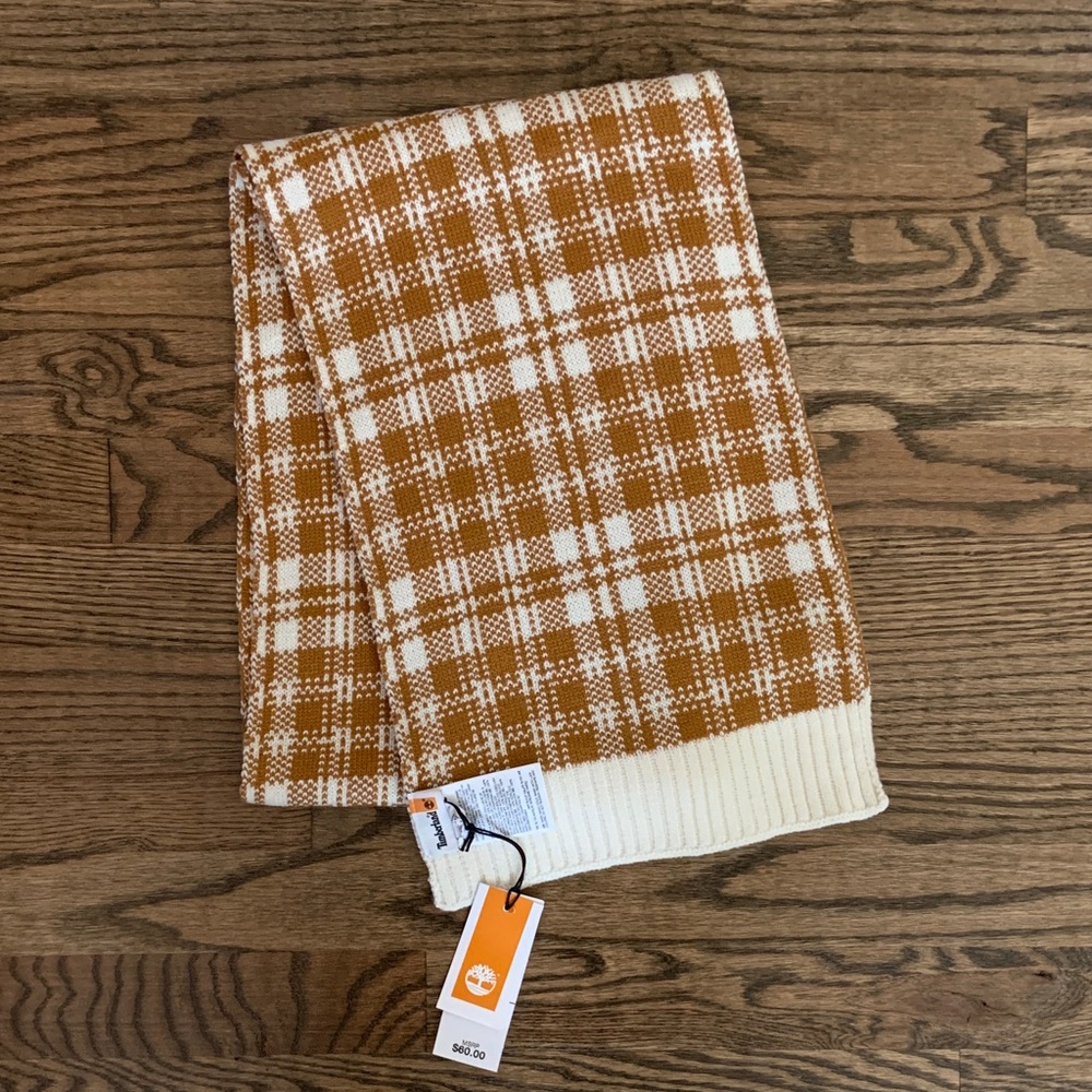 Timberland Tan and White Plaid Knit Scarf